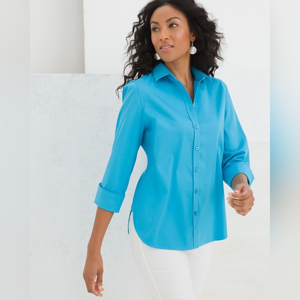 Chico's Non Iron Stretch Blue Button Down Collared Women's Size Medium (1)